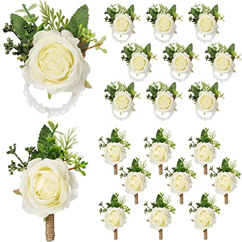 Jexine 36 Pcs White Corsage and Boutonniere Set Includes Wrist Corsage Wristlet and Ivory Boutonniere for Men Wedding Flower Bracelet Homecoming for Wedding Ceremony Prom Suit Decorations