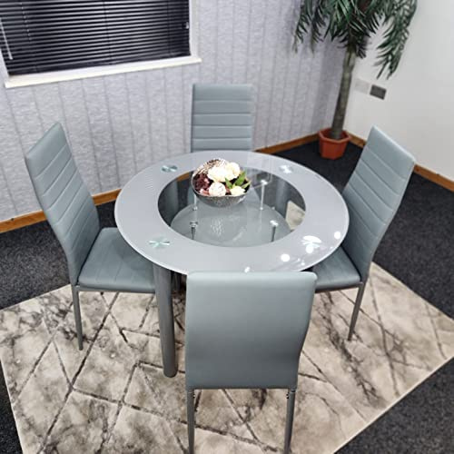 Glass Round Dining Table and Chairs Set Frosted Tempered Kitchen Furniture | KOSY KOALA Glass Round Dining Table and Chairs Set - Frosted Tempered Glass Kitchen Table with 4 Grey Faux Leather Dining