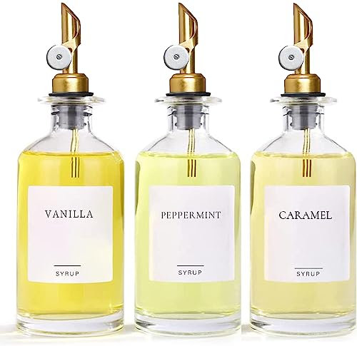Ezebesta Set of 3 Coffee Syrup Glass Dispenser Bottles 480ml Pump Bottles with 10 Labels for Coffee Bar Organization - PUMP PATENT REGISTERED