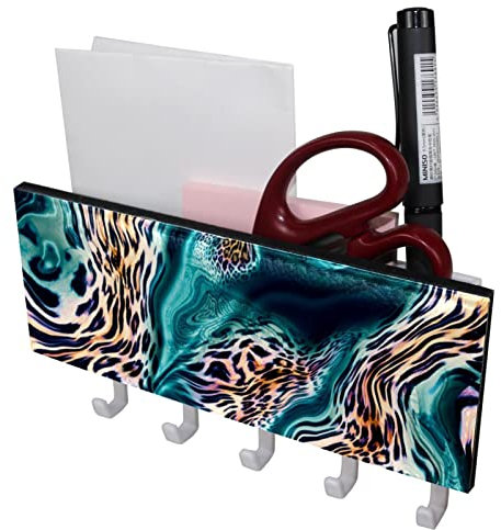 TBOUOBT Mail Organizer für die Wandmontage, Schlüsselhalter mit Briefhalter und Haken, Schlüsselhaken Mail Holder Wall Mounted,Leopard Türkis Marmor Textur Morden Psyche