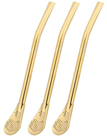 CaáMate Bombilla, colador de té mate, pajita en forma de cuchara, acero inoxidable, 16 cm, apta para lavavajillas, el original (dorado, 3 unidades)