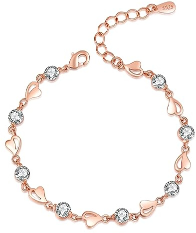EXGOX Sterling Silver Love Heart Bracelet with Shiny Crystal Diamonds - Adjustable Heart Bracelet for Women & Girls