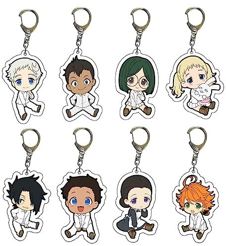 Jilijia 8 Stück The Promised Neverland Schlüsselanhänger Anime Acryl Anhänger Emma/Norman/Ray Schlüsselanhänger Doppelgesicht Schlüsselanhänger