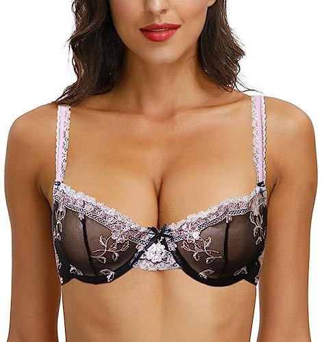 LoRier Women's Floral Sexy Sheer Lace Underwired Unlined Push Up Balconette Bra See Through Non-Padded 40F Sexy Black