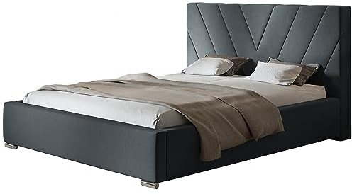AlpiMeble Polsterbett Palermo mit Kopfteil, 120x200 cm, Doppelbett mit Bettkasten und Lattenrost aus Holz, Velourstoff Dunkelgrau