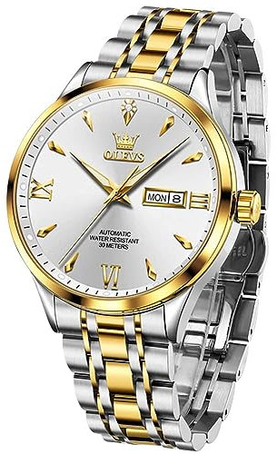 OLEVS Automatische Herren-Armbanduhr, selbstaufziehend, mechanisch, Business, Luxus, Edelstahl, wasserdicht, leuchtend, Tag und Datum, 9956: Zweifarbiges Band und weißes Zifferblatt, G