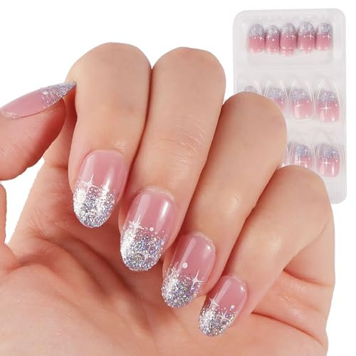 24 pcs False Nails Short Round Glitter Pink Star Press on Nails Fake Nail with Double-Side Adhesive Full Cover Nail Art Design for Women Girls