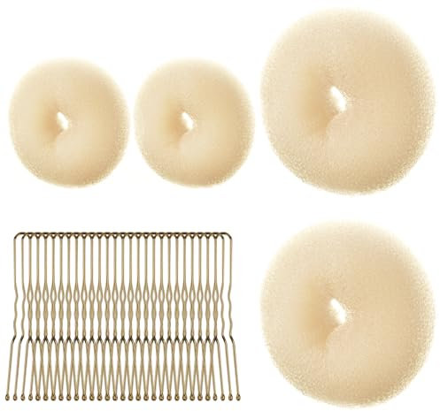 URAQT Donut Hair Bun Set, 4PC Dutt Maker, Duttkissen Groß und klein mit 30 U-Form Haarspange,Donut Haark Hochsteckfrisuren Zubehör für Frisur Tänzer Kinder Mädchen Frauen (4er-Beige (2 * 6+2 * 8))