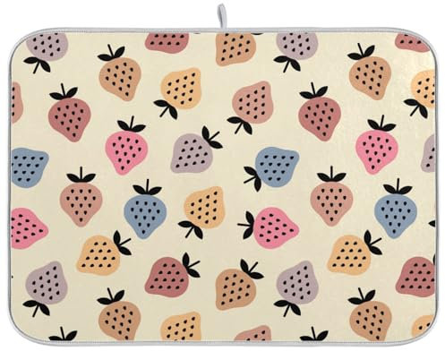 Tapete escurridor de platos retro vintage colorido fresa cálido lavable absorbente para encimera de cocina, bandeja escurridor de platos, tapete para cocina, 16 x 18 pulgadas