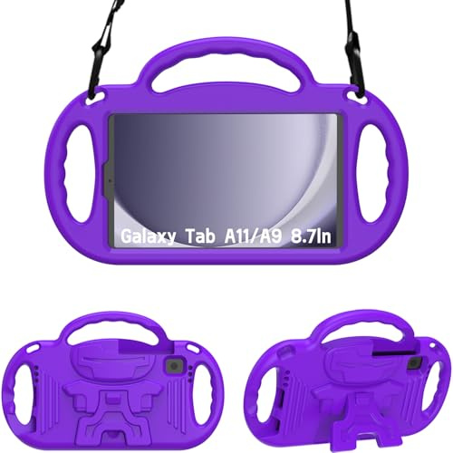 SINSO Case for Samsung Galaxy Tab A11/A9/A7Lite 8.7 2025/2023/2021, Purple | Shockproof Light Weight Kids Tablet Case, Built in Adjustable Shoulder Strap, Protable Handle, Sturdy Stand