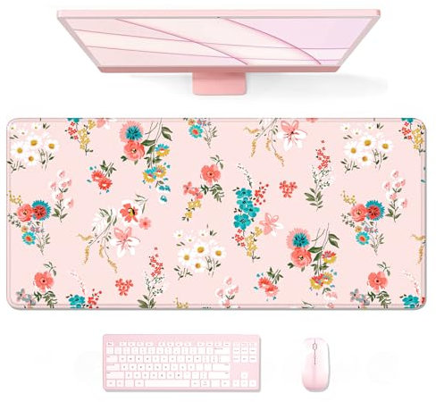 Auhoahsil Grand tapis de souris de jeu XXL en tissu micro-tissé antidérapant en caoutchouc pour joueur, bureau et maison, 88,9 x 38,1 cm, fleur rose blanche