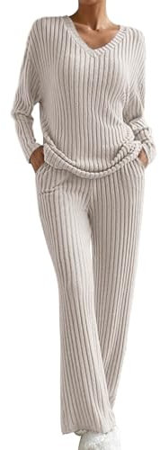 Traje de punto de dos piezas para mujer, traje de ocio, cuello de pico, traje de pantalón, manga larga, jersey de punto acanalado + pantalón recto, traje de deporte, traje de casa suave, conjunto de