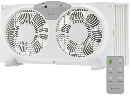 Holmes 9 Twin Digital Window Fan, Reversible Airflow Blades, In/Out Exchange, 3 Speeds, Built-In Extender Panels, Ideal for Home, Bedroom or Office, Remote Control, White