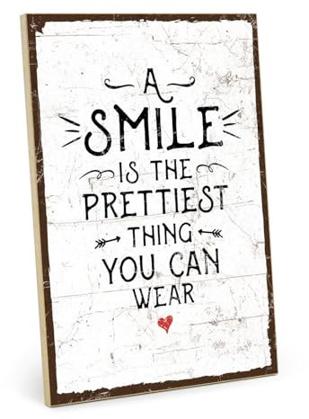 TypeStoff Holzschild mit Spruch – Smile – im Vintage-Look mit Zitat als Geschenk und Dekoration zum Thema Lachen und Hygge - HS-01404