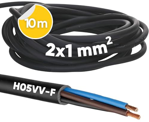 Kalitec H05VV-F - Tubo flessibile da 10 metri, 2 x 1 mm², cavo di alimentazione senza conduttore di protezione, cavo in PVC per interni, cavo elettrico nero, cavo per lampada flessibile, cavo per