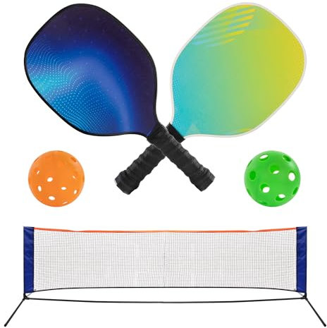 Idena 40253 - Set de Pickleball con 2 Raquetas de pádel, Red con Soporte (302 x 80 cm), Pelota de Interior y Pelota de Exterior
