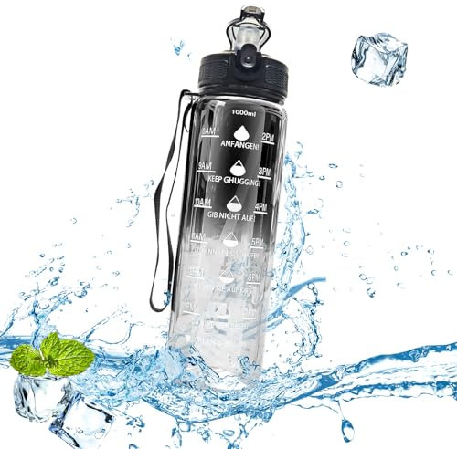 flowgoer Sport-Wasserflasche 1L Tritan BPA-frei | Auslaufsicher mit Strohhalm & Zeitmarkierung | Trageriemen, Fitnessstudio & Outdoor(Schwarz und Weiß)
