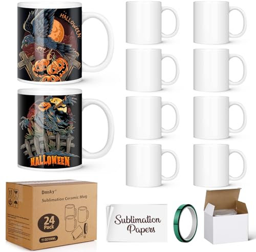 Dmsky Lot de 24 tasses à sublimation en céramique blanche pour travaux manuels, Tazas Para Sublimar, 325 ml, avec boîte, ruban thermique, papier de sublimation