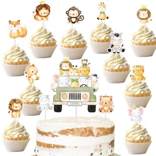 KOBOKO 18 Stück Tiere Tortendeko Kinder, Jungle Safari Animal Cupcake Toppers, Waldtiere Geburtstag Deko, Dschungel Deko Geburtstag, Löwen Cake Topper Geburtstag für Baby Shower