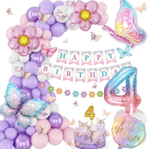 4 geburtstag mädchen, Rosa Lila Geburtstag Ballons, mädchen 4 jahre, Set Mit Schmetterling Folienballons, Alles Gute Zum Geburtstag Banner, Luftballon 4, Schmetterling Aufkleber