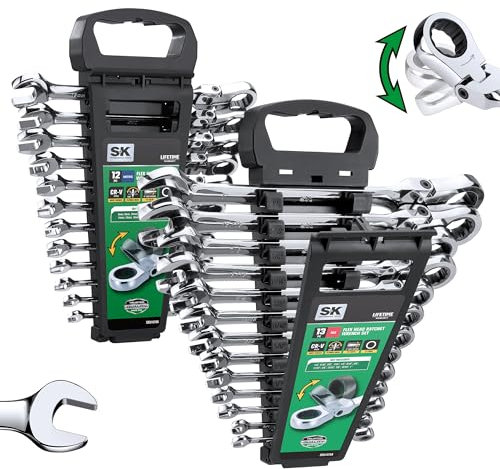SK Flex-Head Ratschenschlüssel-Set, Ringmaulschlüssel-Set, 25-teilig, SAE 1/4 Zoll bis 1 Zoll, metrisch 8 bis 19 mm, 72 Zähne, Premium CR-V-Konstruktion, mit Rack-Organizer
