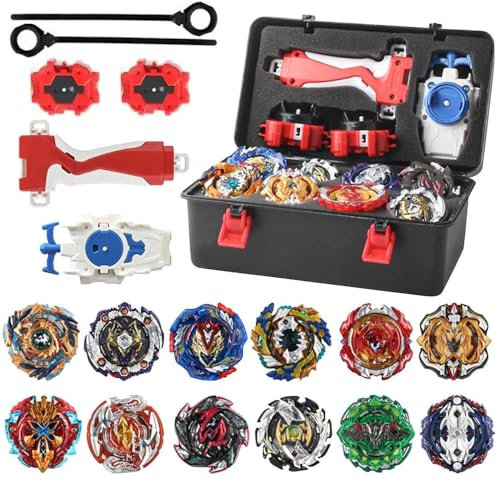 Dhqkqg Bey Burst Turbo Blade Kit de toupie de combat 12 en 1 avec boîte Metal Fusion Blade avec poignée, 12 toupies Burst 3 lanceurs Arena Combat Game