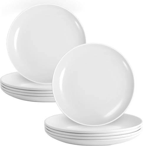 Tivcck 12 Pcs White Melamine Plates, 9 Inch Melamine Dinner Plates, Round Salad Plates, Reusable Dinnerware Dishes for Everyday Use, Indoor and Outdoor, Break-resistant
