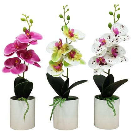 Kunstpflanzen Orchideen bunt 3er Set – 37 cm hoch – naturgetreu & farbenfroh – inklusive Töpfe – künstliche Blumen für Deko, Fensterbank & Tisch – pflegeleicht