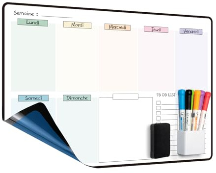 MCCORL Calendrier Adhesif Tableau blanc Planning Mural,Planificateur Semainer,Planificateur de Menus/Repas, Planificateur Hebdomadaire, 42×28cm effacable en Français