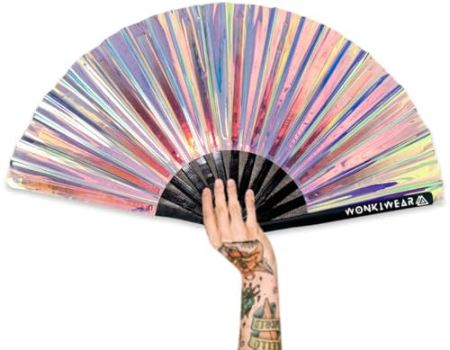 WONKIWEAR Fan, Folding Handheld, Iridescent, Holographic, Large Strong Black Bamboo. Unisex for Rave, Festival, Concert, Drag, Gay Pride (Mermaid Iridescent, Large)
