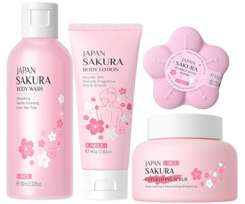 Bath & Body Care Travel Set, Bath and Body Gifts Set for Women & Girls - Cherry Blossom Bath Set Personal Body Care Travel Set with Shower Gel, Exfoliating Scrub, Body Lotion, Bath Bomb