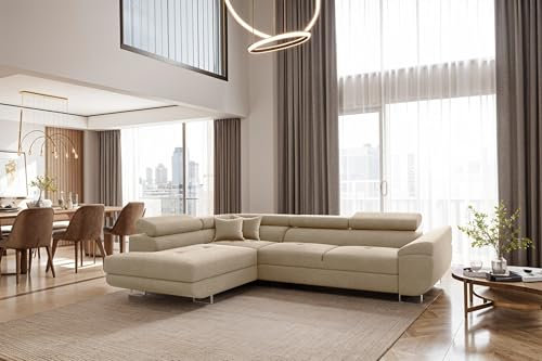 Kaiser Möbel - Ecksofa mit Schlaffunktion - Big Sofa - 275 x 202 cm - Relaxsofa, Verstellbare Kopfstützen, L Form, XXL, mit Bettkasten, Große Liegefläche 125x193 - Falio L Eckcouch Links, Hellbeige
