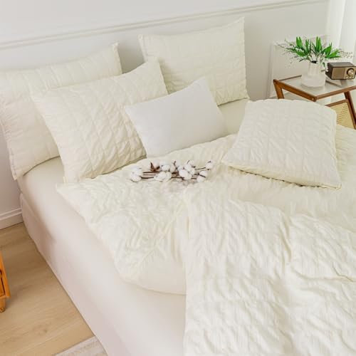 YASMENG Seersucker Housse de Couette 200x200 Beige À Carreaux Seersucker Parure de Lit Doux Respirant Microfibre Linge de Lit 2 Personne Adulte avec Fermeture Éclair avec 2 Taies d'oreiller 65x65 cm