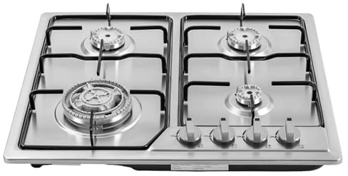 HarBin-Star - 4 Flammen Gaskochfeld, Edelstahl Einbauherd Gaskochfeld mit Automatischer Gasabschaltung, Batteriezündung, 58 x 50 cm, für Haushalt und Gewerbeküche