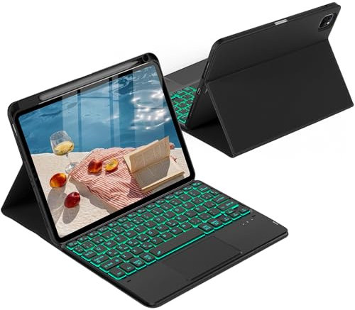 CACOE Funda Teclado para iPad Air 11 Pulgadas 2025/2024 (M3/M2) con Touchpad, Iluminación de 7 Colores, [Español] Teclado para iPad Air (7/6/5/4) & iPad Pro 11 (4/3) Gen Magnético Desmontable, Negro