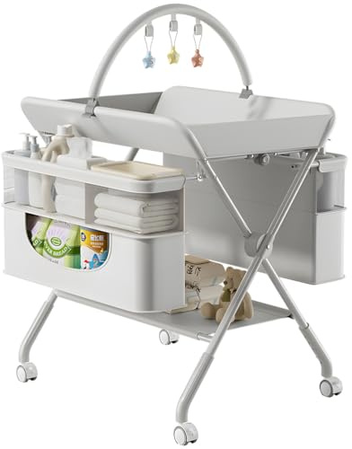 Morlinca Wickeltisch Klappbar,Mobile Wickelkommode,Baby Changing Table mit Rollen und Ablagefächern,Höhenverstellbar,Platzsparend,für Windelwechsel & Kleidung,Grau