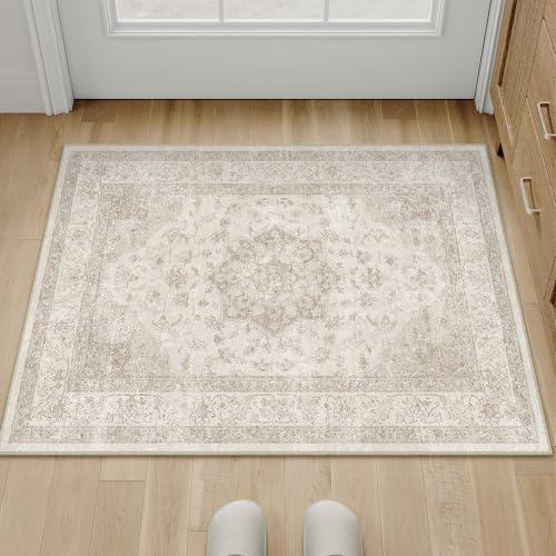PureCozy Vintage Beige Fußmatte Teppich 60x90cm Waschbar | Waschbarer Teppich, Weich Rutschfest, Kurzflor Boho, für Schlafzimmer Esszimmer Büro, Kleiner Carpet