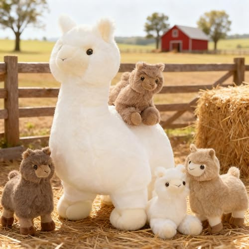 MorisMos 5 stücke Alpaka Kuscheltier XXL mit Babys im Bauch, Groß Alpaka Plüschtier Stofftier Puppe, Geburtstag Geschenk Kinder