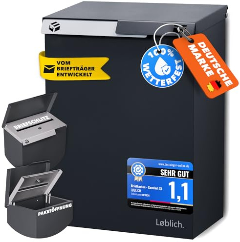 LØBLICH Briefkasten RAL 7021 Schwarz-grau | Vom Briefträger entwickelter XL-Wandbriefkasten für Päckchen & Post - wetterfest, geräuscharm, abschließbar - Outdoor Stahl-Postkasten modern