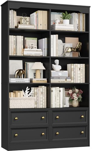 FirFurd 180 cm Bücherregal mit 4 Schubladen Bücherschrank mit 8 Fächern | Hochschrank, Wohnzimmerschrank, Vitrinenschrank, Mehrzweckschrank für Wohnzimmer Büro Esszimmer, 100 x 30 x 180 cm, schwarz