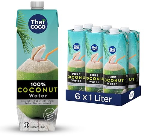 Thai Coco 100% eau de coco pure, 6×1 l, originaire de Thaïlande – Eau de coco naturelle riche en électrolytes – Sans sucre ajouté ni conservateurs – Boisson hydratante sport & quotidien