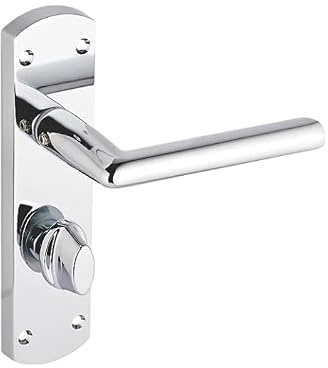 WC Door Handle Pair with Thumb Turn Lock Polished Chrome Contemporary Design for Interior Bathroom Doors Handle with Thumb Lock Domestic Doors Commercial Pack Includes One Pair with Screws