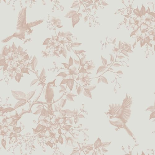 Yomshi Selbstklebende Tapete 44 x 300 cm Vintage Rosa Klebefolie Möbel Tapeten mit Vögeln und Blumen Wasserdicht Einfach Anzubringen Mieterfreundlich Wandtapete für Tisch Wohnzimmer Schlafzimmer