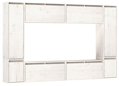 TEKGHUT White Solid Wood Pine TV Cabinets 8 Pcs, Pinewood Wall Mounted Storage Units for Collectables and Ornaments