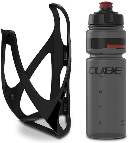 Cube HPP Cage - Stealth Black & Flow Bottle - Clear, 750ml / Water Drink Flask Vessel Bidon Holder Mount Bracket Kit Lightweight Plastic Drinking Hydration Biking Bike Riding Frame Accessories