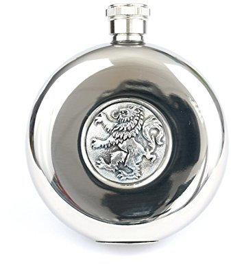 GM Belts 5oz Round Pocket Hip Flask With Polished Finish Scottish Lion Rampant Detail With Tot Cups