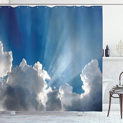 ABAKUHAUS Himmelblau Weiss Duschvorhang, Himmel-Wolken Sonnenstrahlen, Stoffliches Gewebe Badezimmerdekorationsset mit Haken, 175 x 200 cm, Himmelblau Weiss