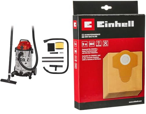 Einhell Aspirateur eaux et poussières TC-VC 1930 SA (1500 W, Alimentation : 230 V ~ 50 Hz, Raccord pour Fonction de soufflerie, Livré avec Accessoires) + 5 Sacs de Rechange 30 litres