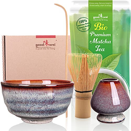 Goodwei Matcha Set Tè Vert Matcha BIO Giapponese con Frusta di Bambù, Tazza Matcha e Portafrusta in Ceramica, | Ciotola Matcha Artistica | Confezione Regalo (Uji)