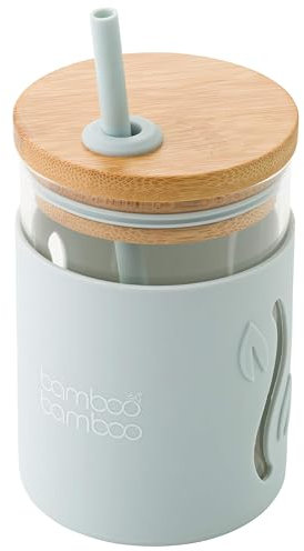 bamboo bamboo Sippy Cup, Straw Cups for Toddlers, Glass Jar with Bamboo Lid & Silicone Impact Sleeve, Perfect for Drinks & Smoothies, 350ml Capacity Baby Cup for Transitioning Toddlers (Grey)